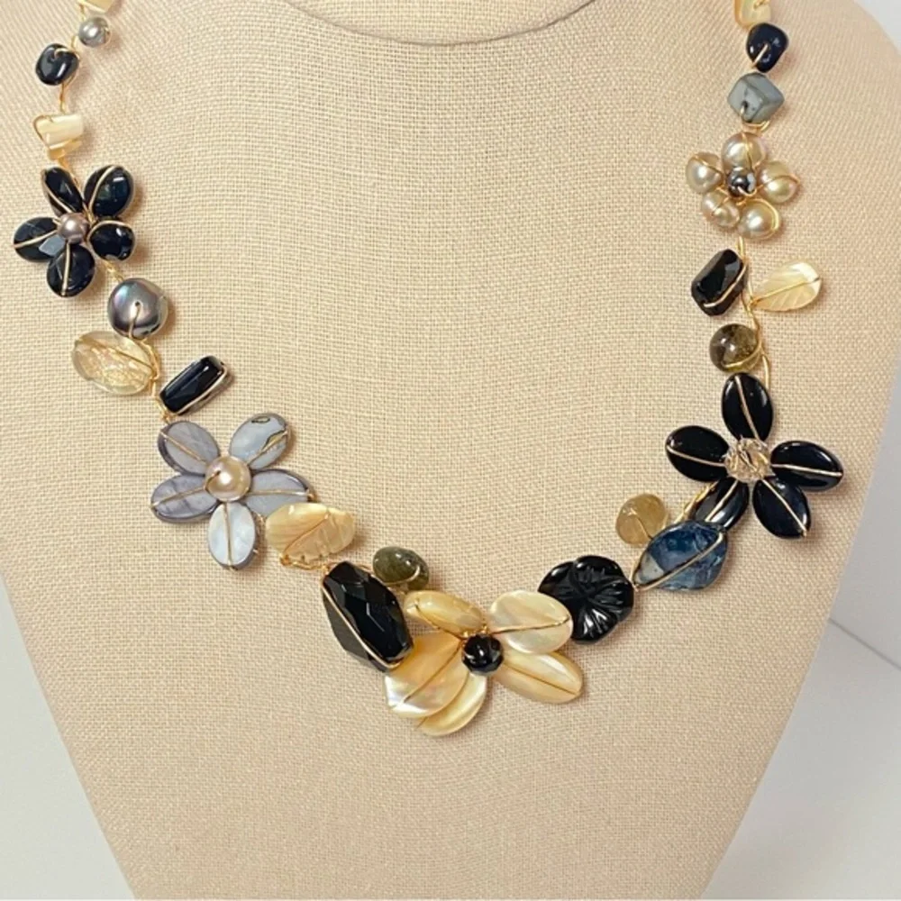 Abra Couture Handmade Natural Shell Beiges Gem Flower Collar GW Artisan Necklace